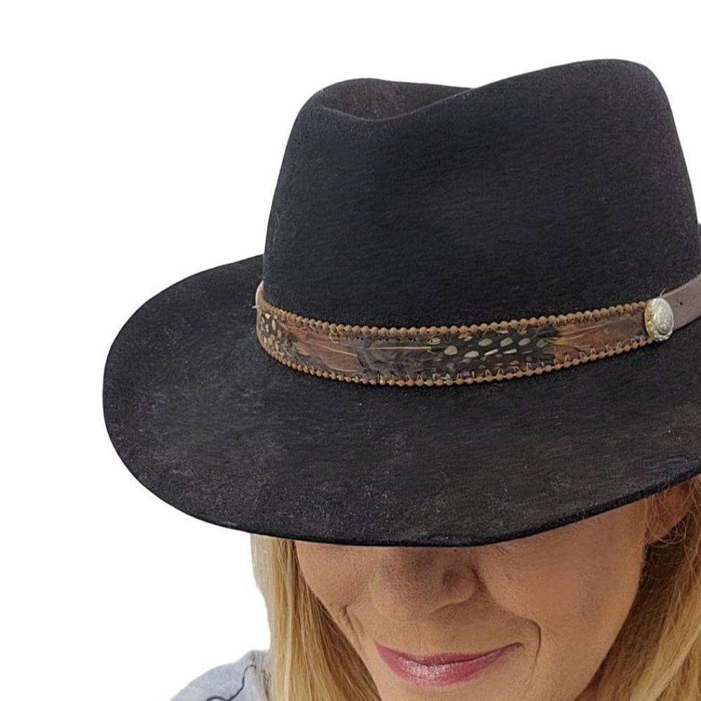 Vintage Magill Lee Cowboy‎ Cowgirl Hat S Black Fur Felt Pheasant Feather Fedora